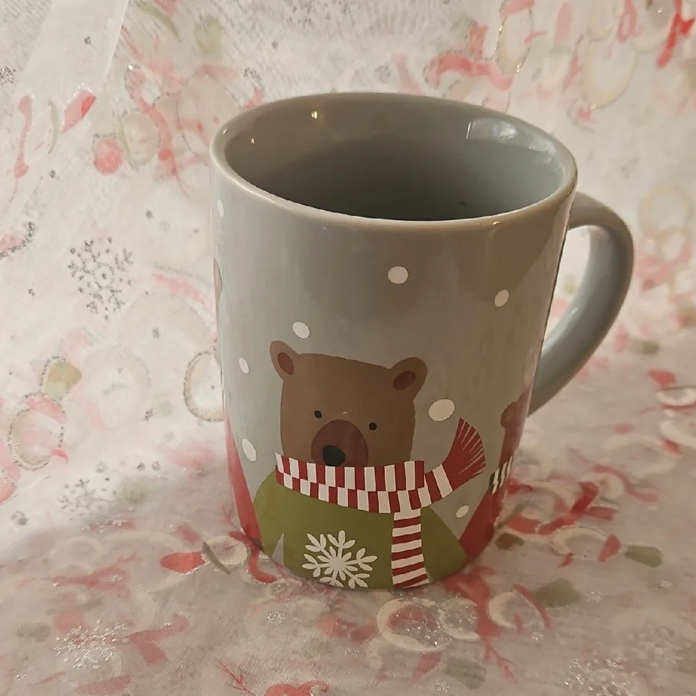Gray Mug with Red and Green Bear Design From Crate & Barrel